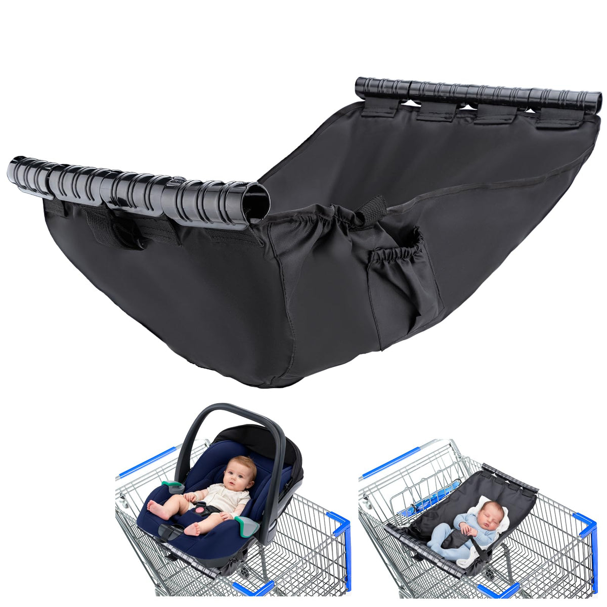 Fevbcnrj Shopping Cart Hammock setup shows secure attachment on carts for infant sleep