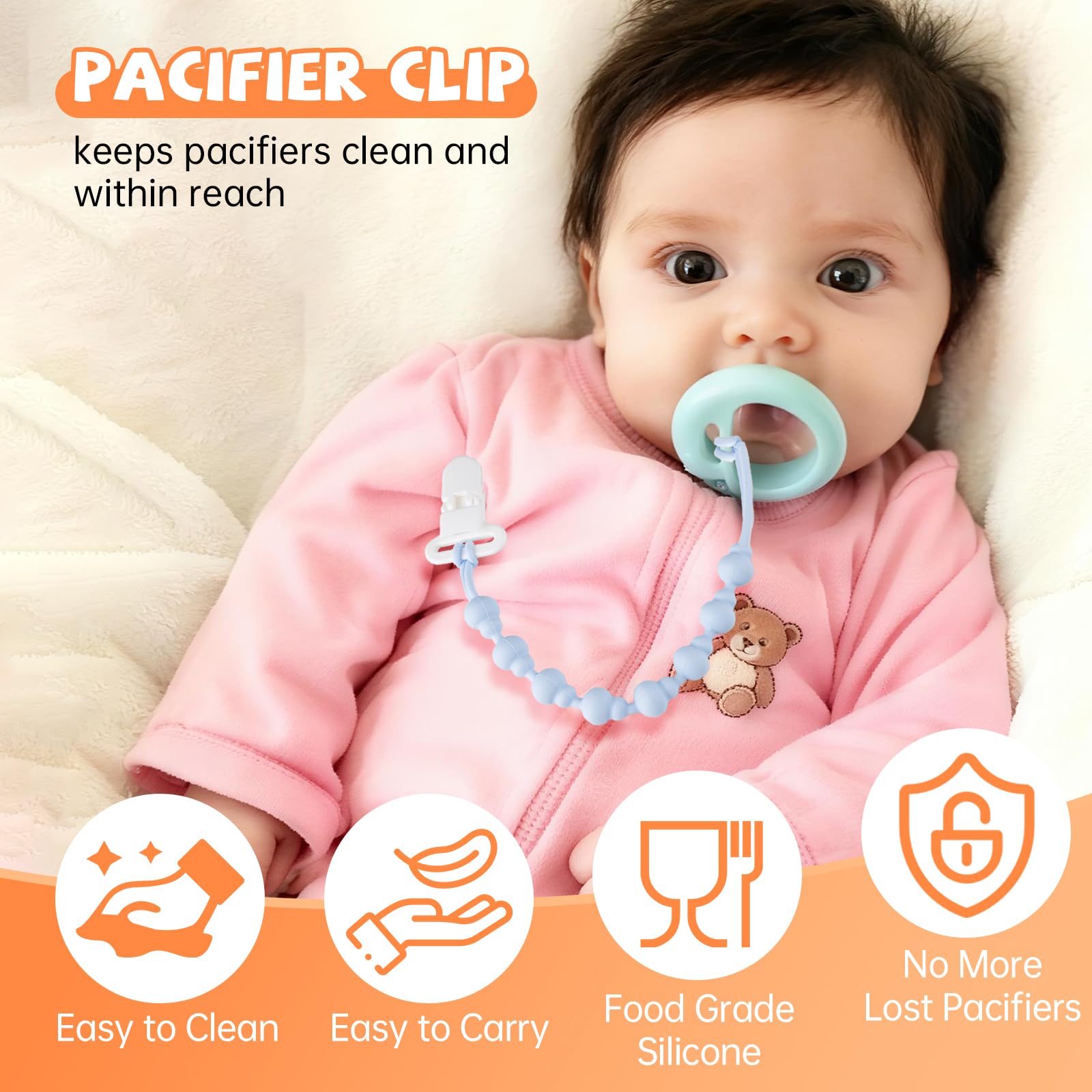 Fevbcnrj soft silicone pacifier clip with round design offers durable, rust-free grip