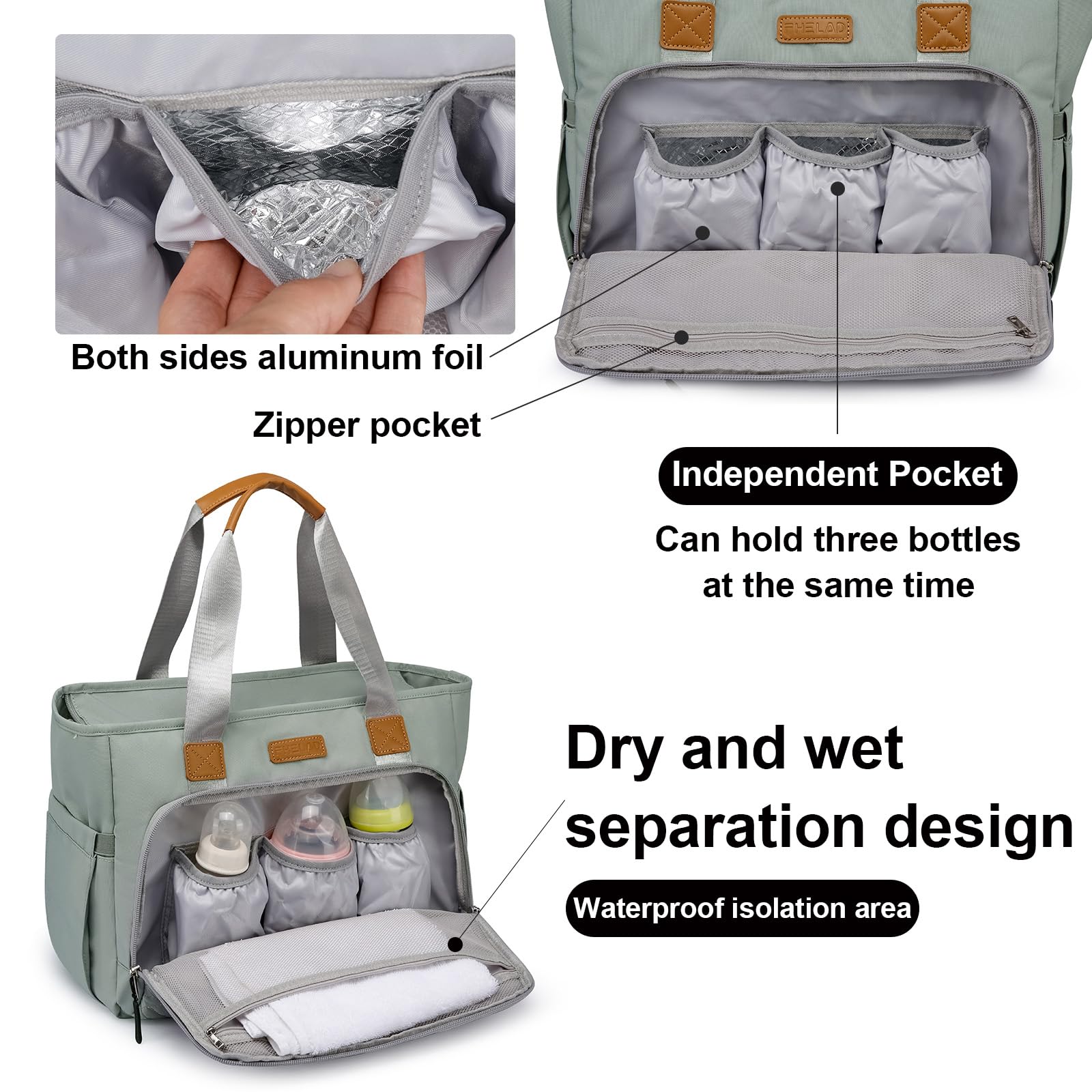 FHELAD diaper bag tote 14-pocket layout helps keep essentials organized