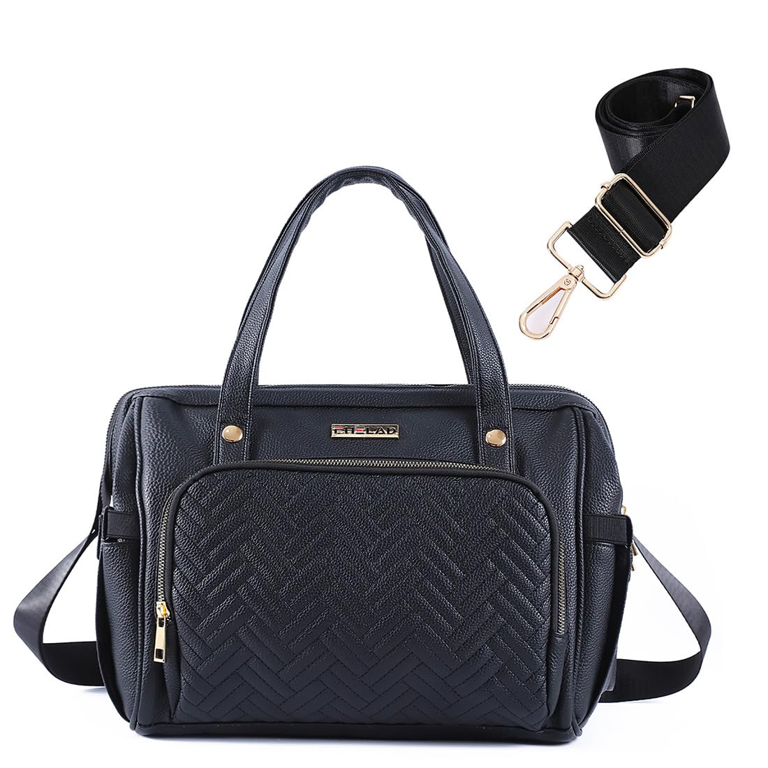 FHELAD diaper bag tote front view highlighting quick-access pockets for busy parents