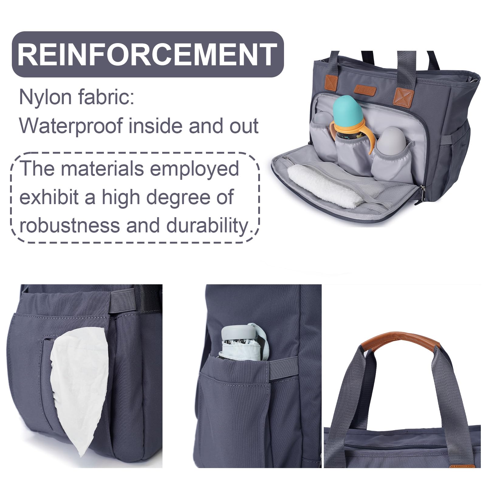 FHELAD diaper bag tote interior pockets for bottles, diapers, and wipes within reach.