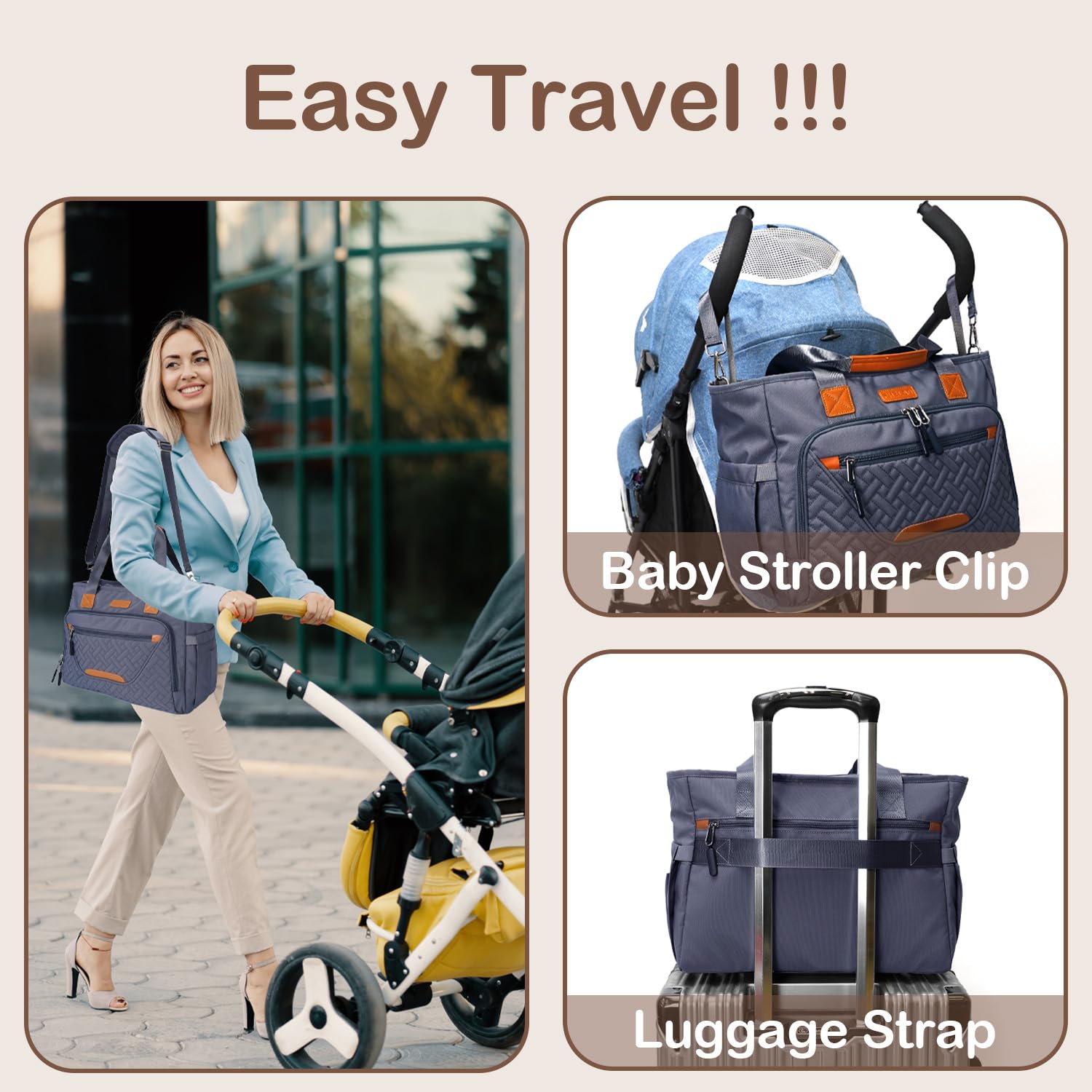 FHELAD diaper bag tote stroller hooks for quick attachment on walks.