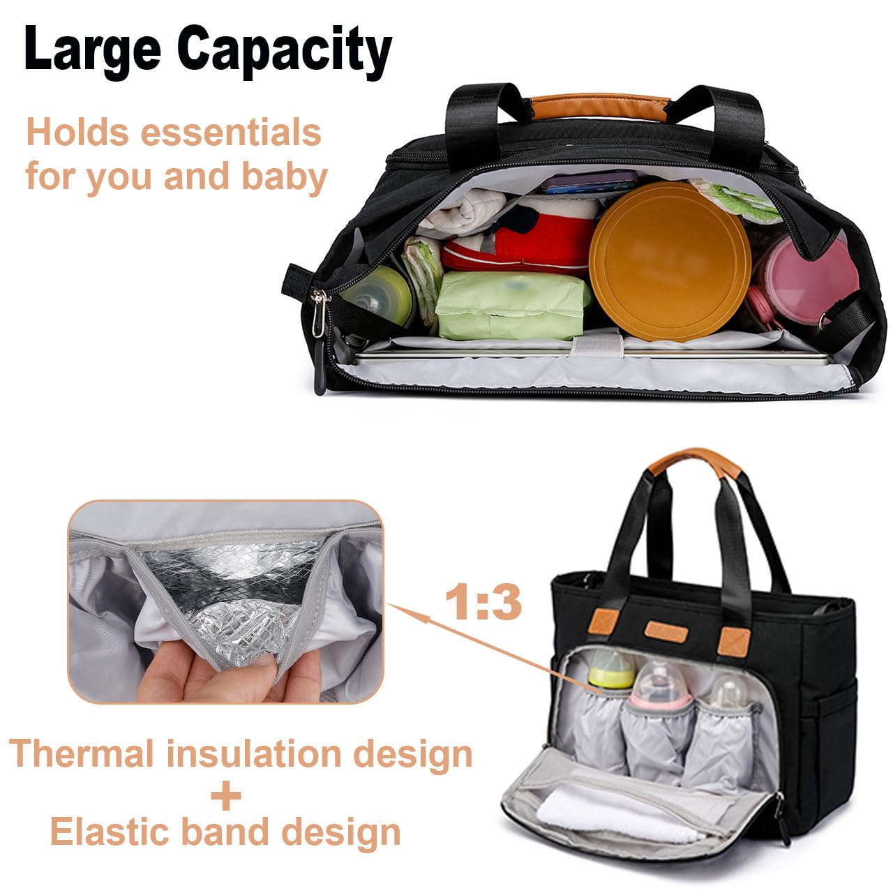 FHELAD Diaper Tote Bag insulated bottle pockets keep bottles handy