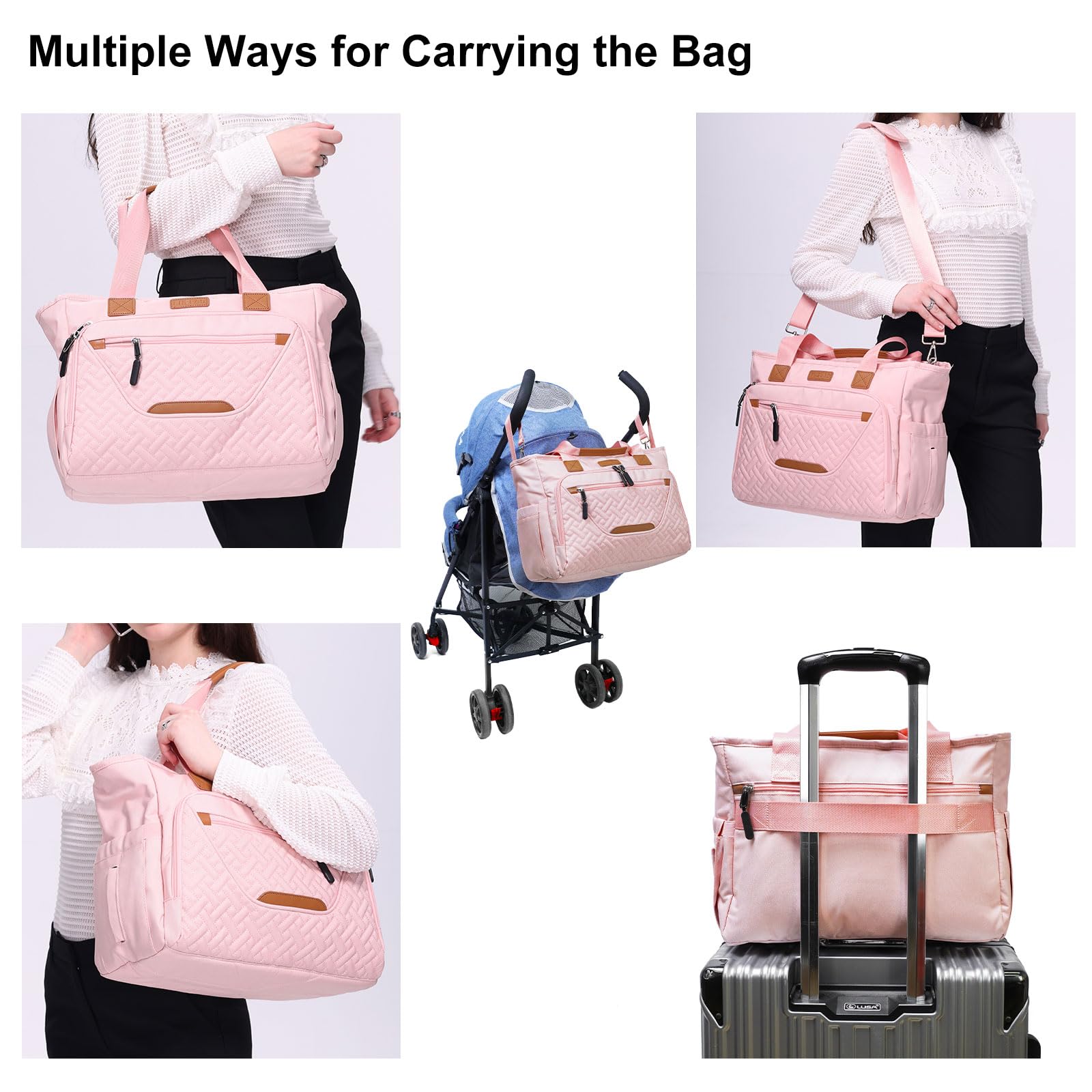 FHELAD diaper tote bag multiple pockets help organize wipes, diapers, and snacks.
