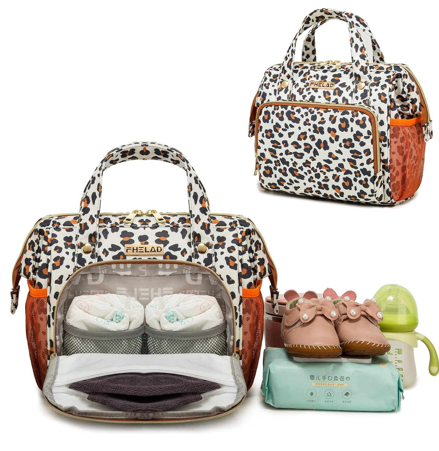 FHELAD leopard diaper backpack back pocket secures small items during outings.