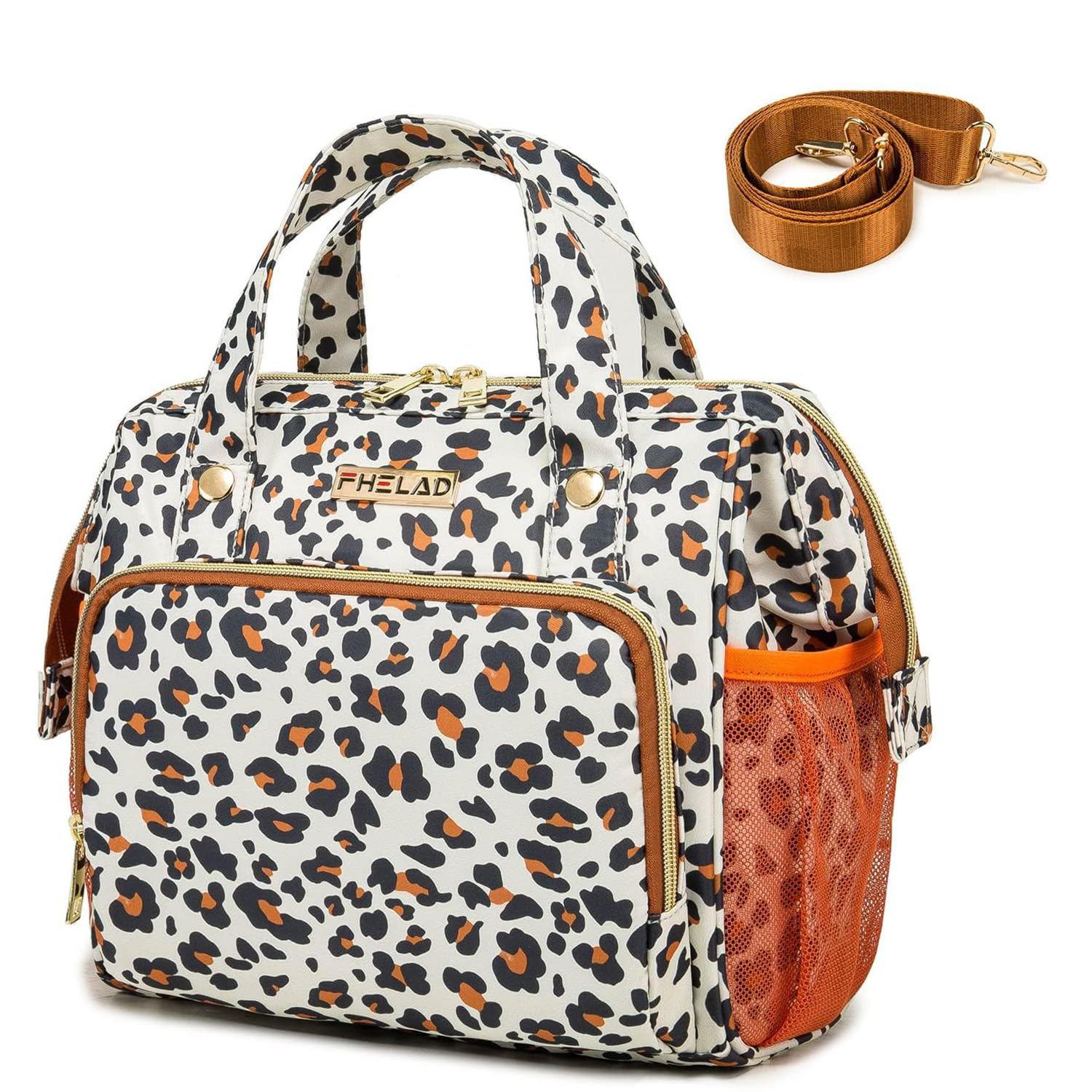 FHELAD leopard diaper backpack front view showing organized pockets for quick diaper changes.