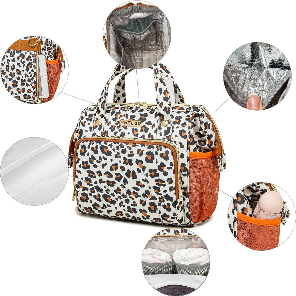 FHELAD leopard diaper backpack main compartment offers spacious organization for busy mornings.
