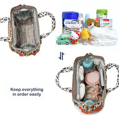 FHELAD leopard diaper backpack side pocket for on-the-go bottle storage.