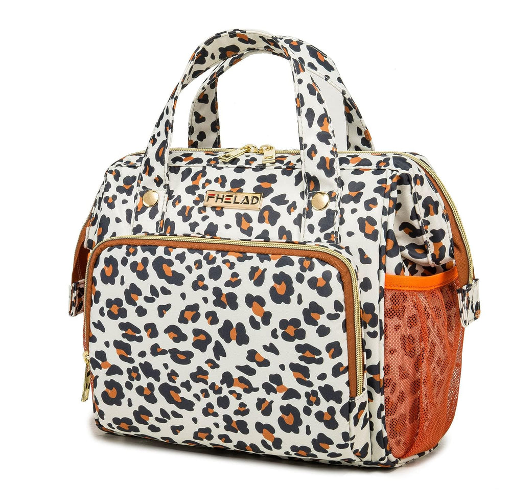 FHELAD leopard diaper backpack waterproof fabric protects contents in wet weather.