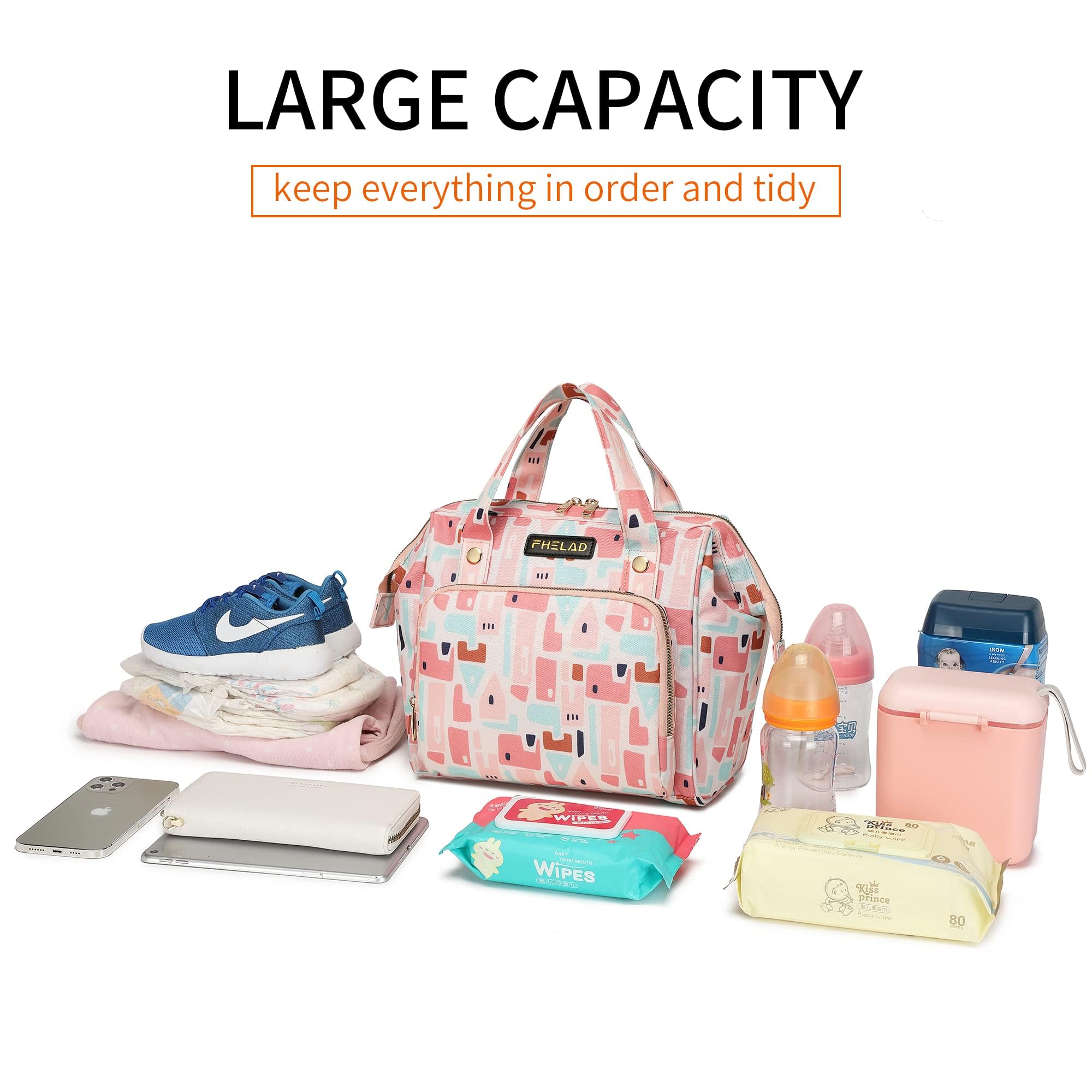 FHELAD Pink Small Diaper Bag Backpack side bottle pocket for easy access.