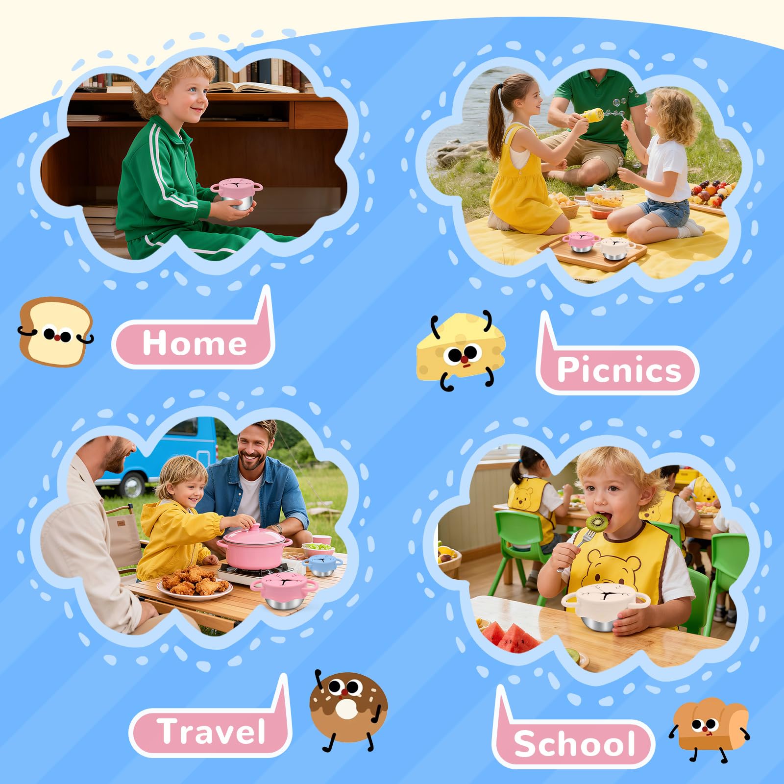 FHskFH travel-friendly snack cups fit bags, strollers, and car cup holders for on-the-go snacks.