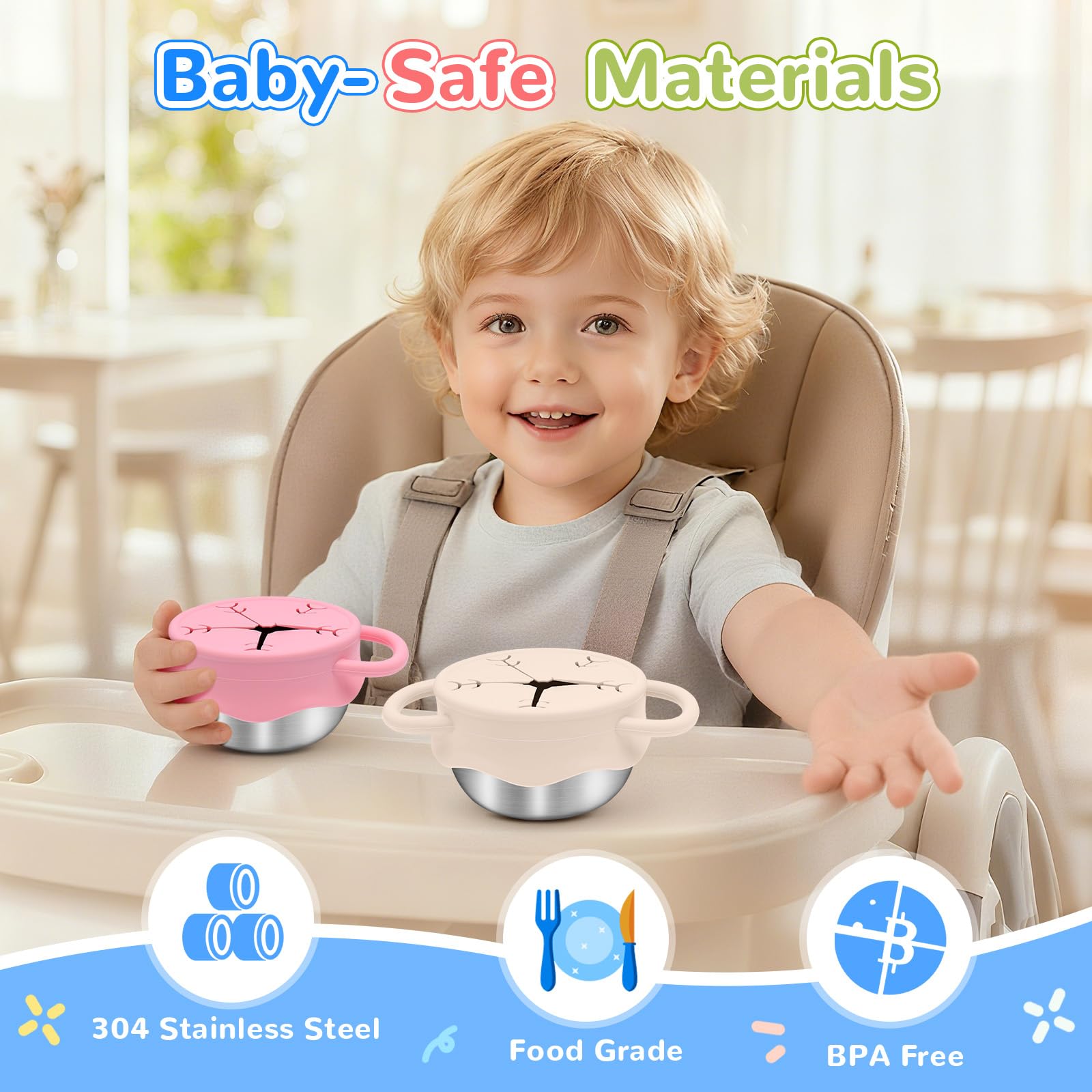 FHskFH snowflake lid toddler snack cups highlight secure spill-proof design for travel.