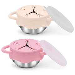 FHskFH toddler snack cups 2-pack show stainless steel durability for mess-free snacking at home.