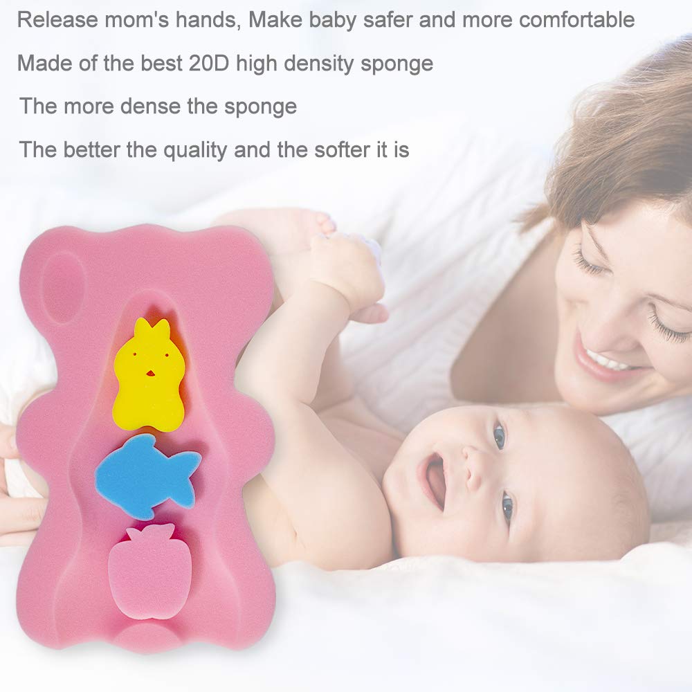 FIABC Soft Infant Bath Sponge Pink's left ear serves as a soap dish