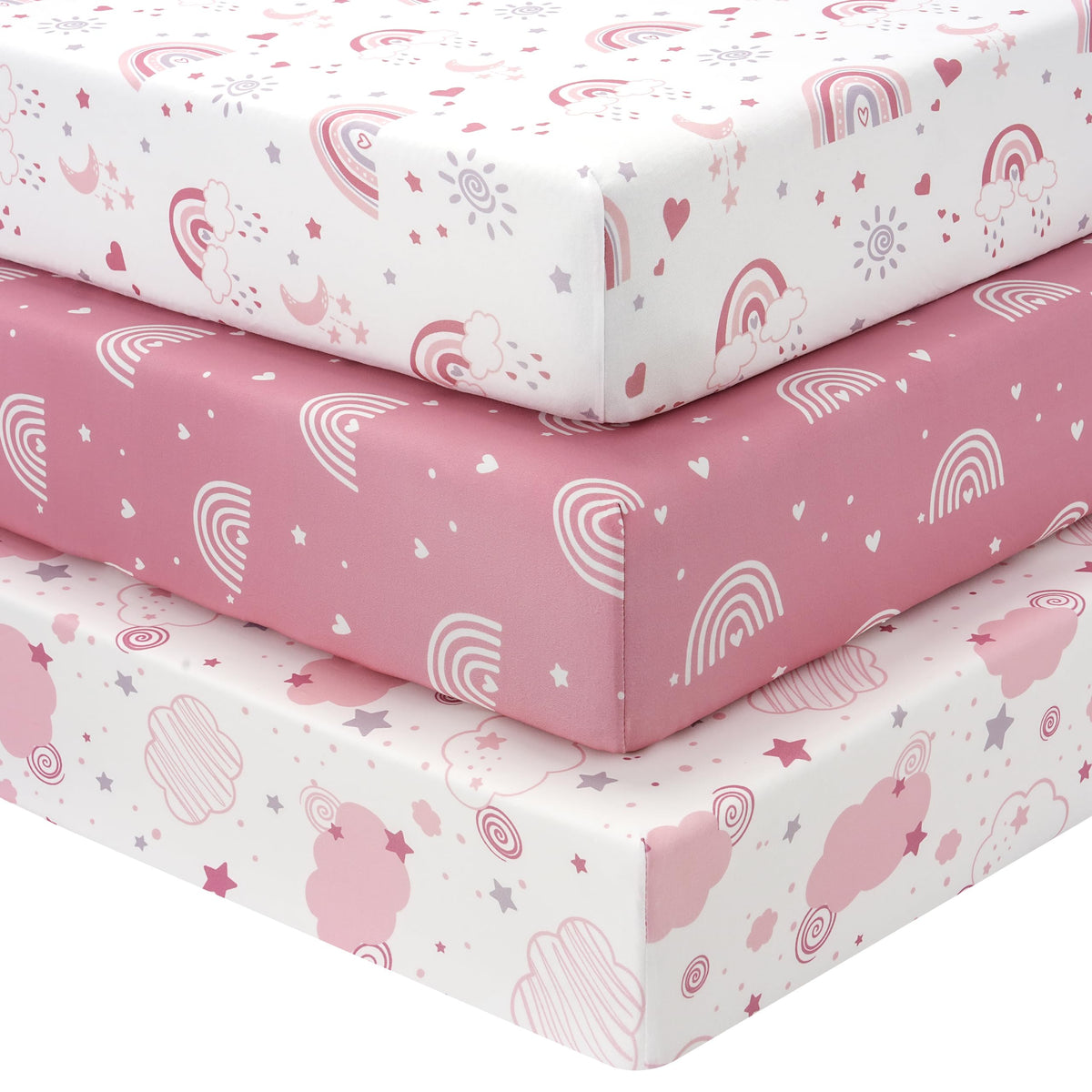 FIEMOL baby crib sheets pink rainbow laid flat for a vibrant nursery aesthetic.
