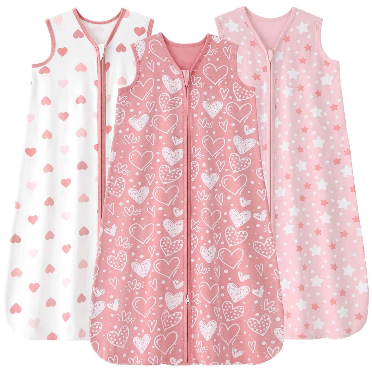 FIEMOL baby sleep sack 0-6 months pink heart close-up highlights breathable cotton fabric.