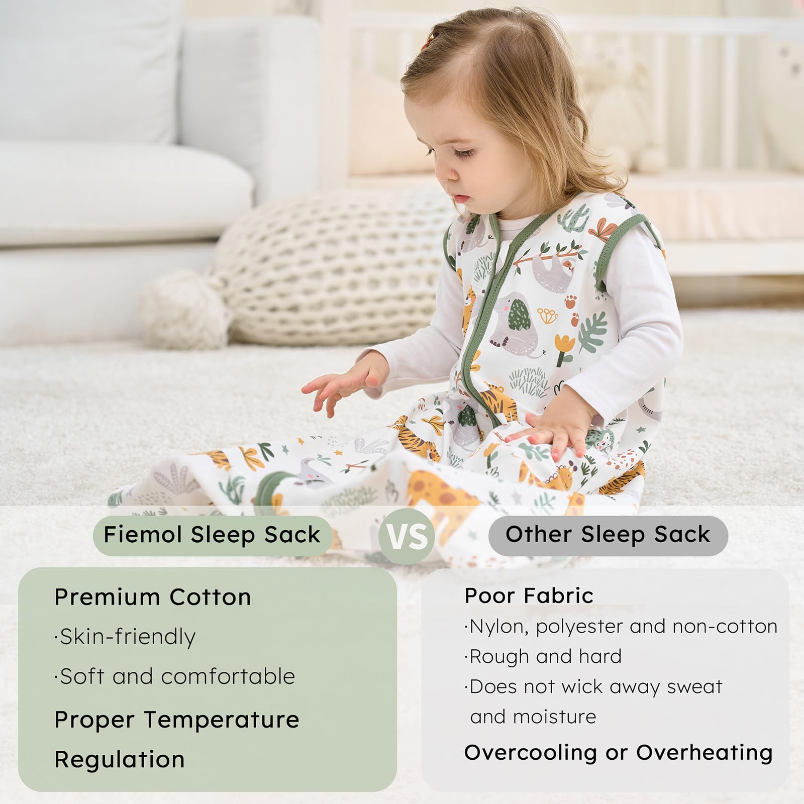 FIEMOL 100% cotton sleep sack is breathable and skin-friendly