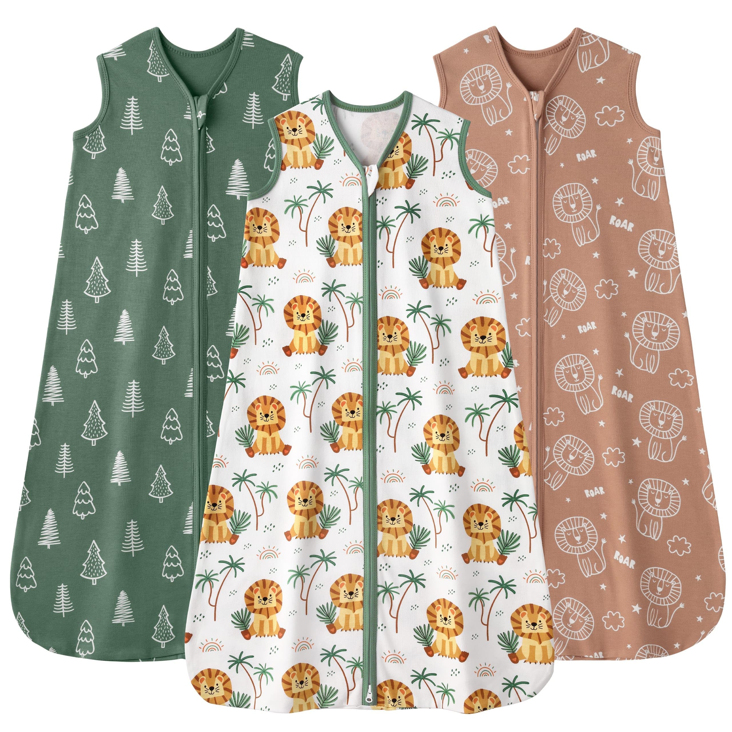 FIEMOL baby sleep sack 12-18m in brown-green lion print for cozy nights.