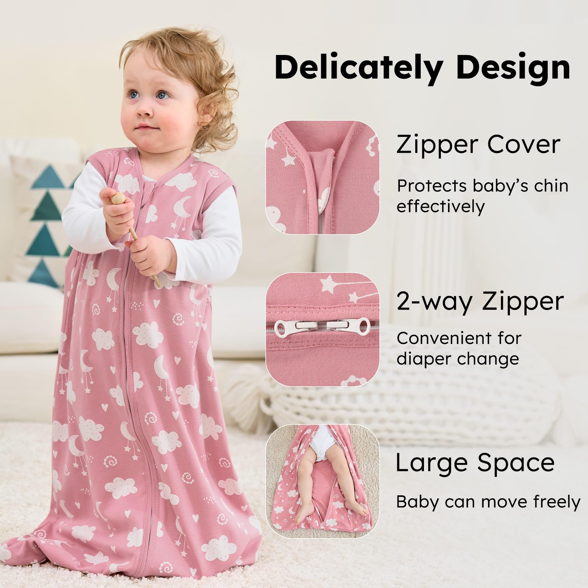 FIEMOL baby sleep sack 18-24m pink stars moon back view with smooth zipper