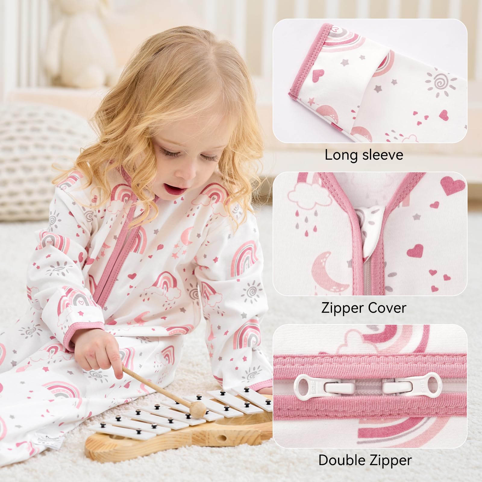 FIEMOL sleep sack with 2-way zipper enables easy diaper changes