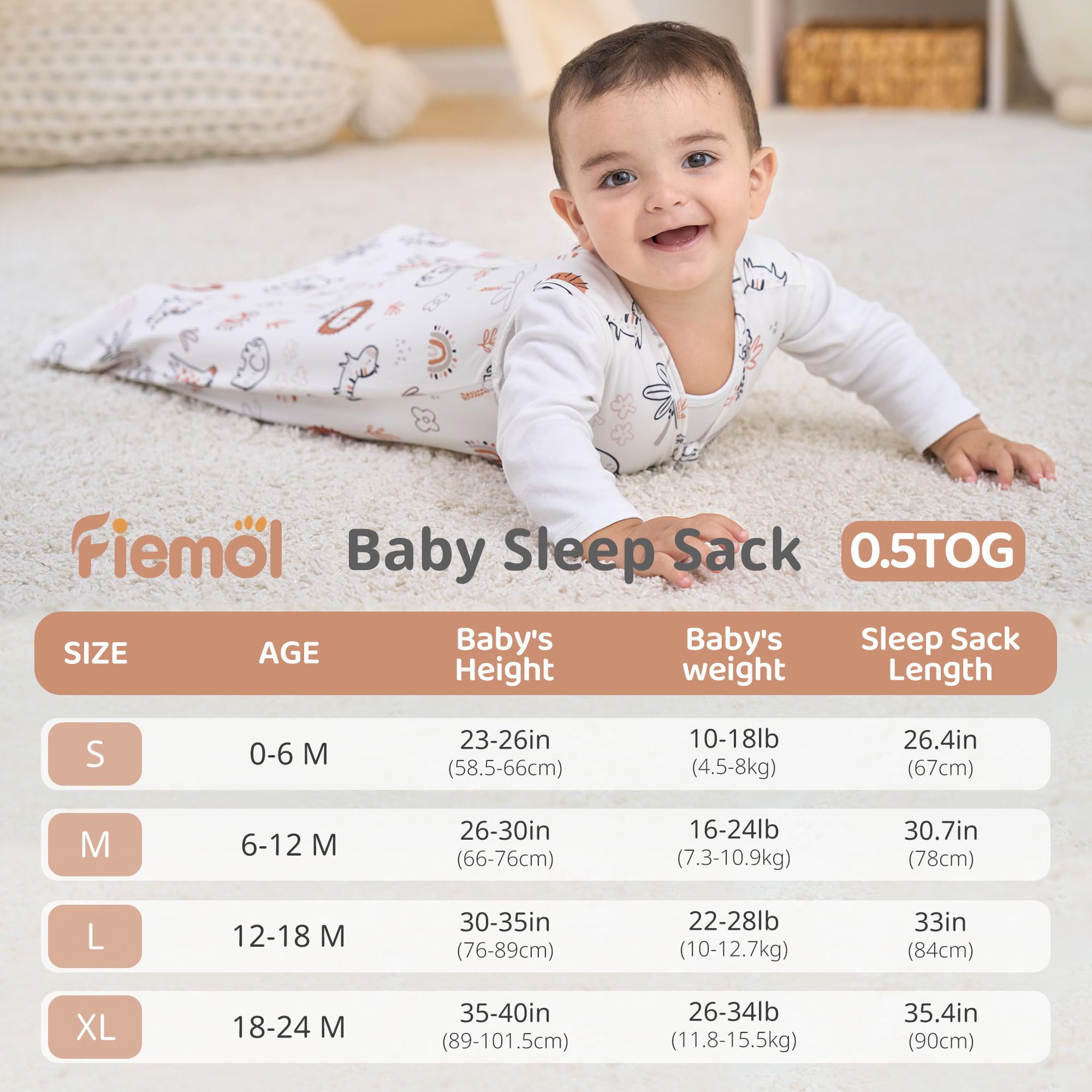 FIEMOL baby sleep sack 2-way zipper, easy diaper changes.