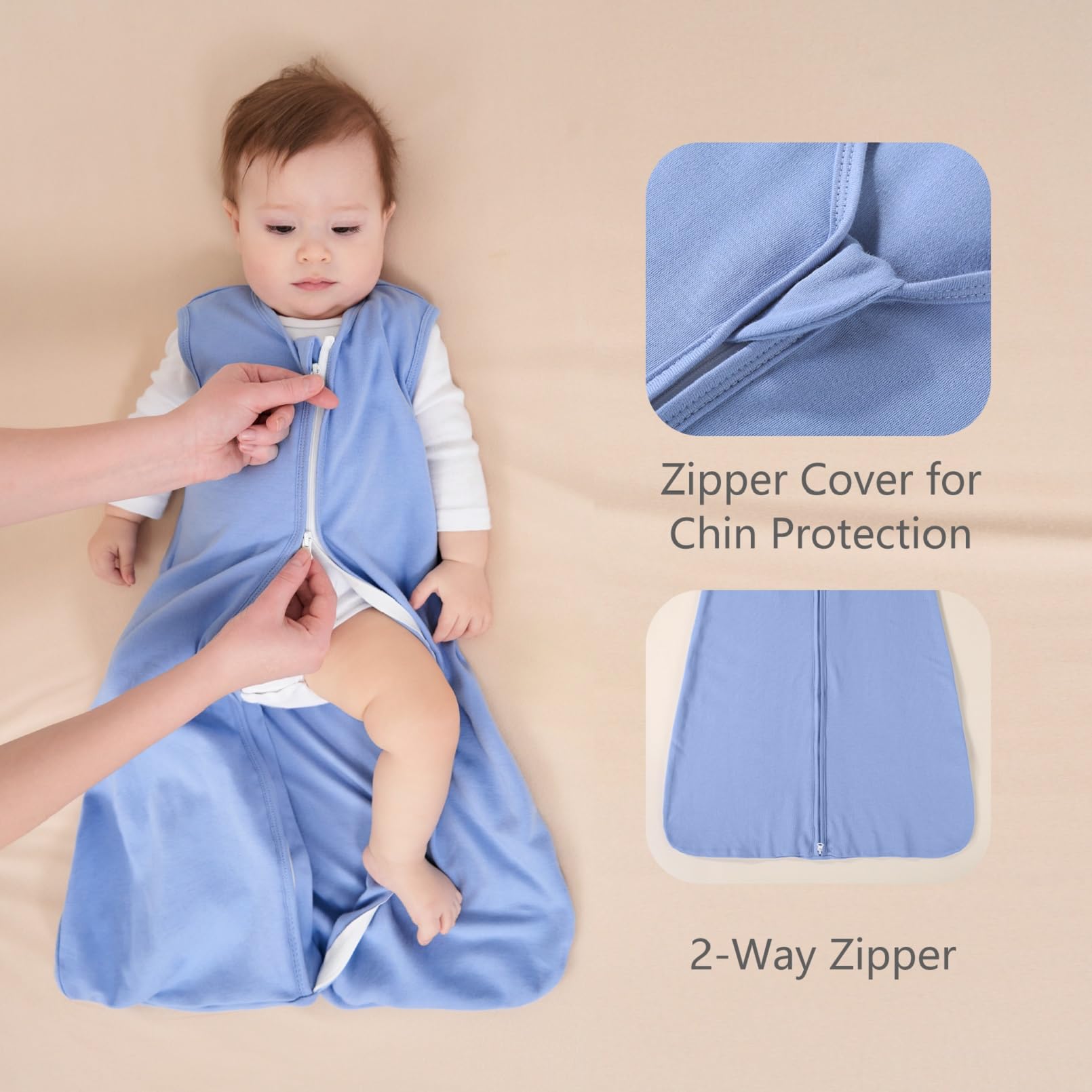 FIEMOL Baby Sleep Sack apricot worn by a baby, illustrating comfortable wearable blanket in use.