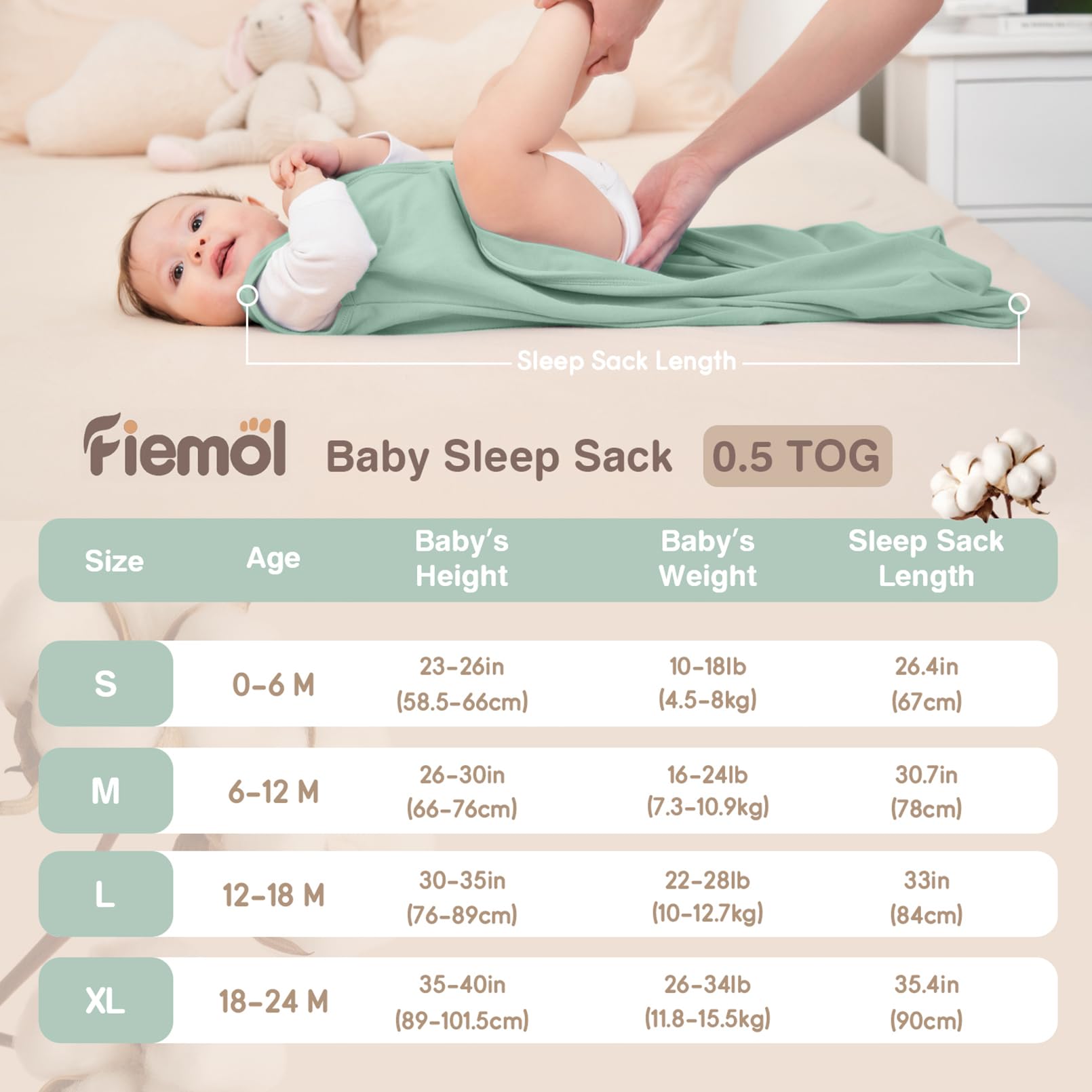 FIEMOL Baby Sleep Sack apricot size range 0-24 months for growing babies