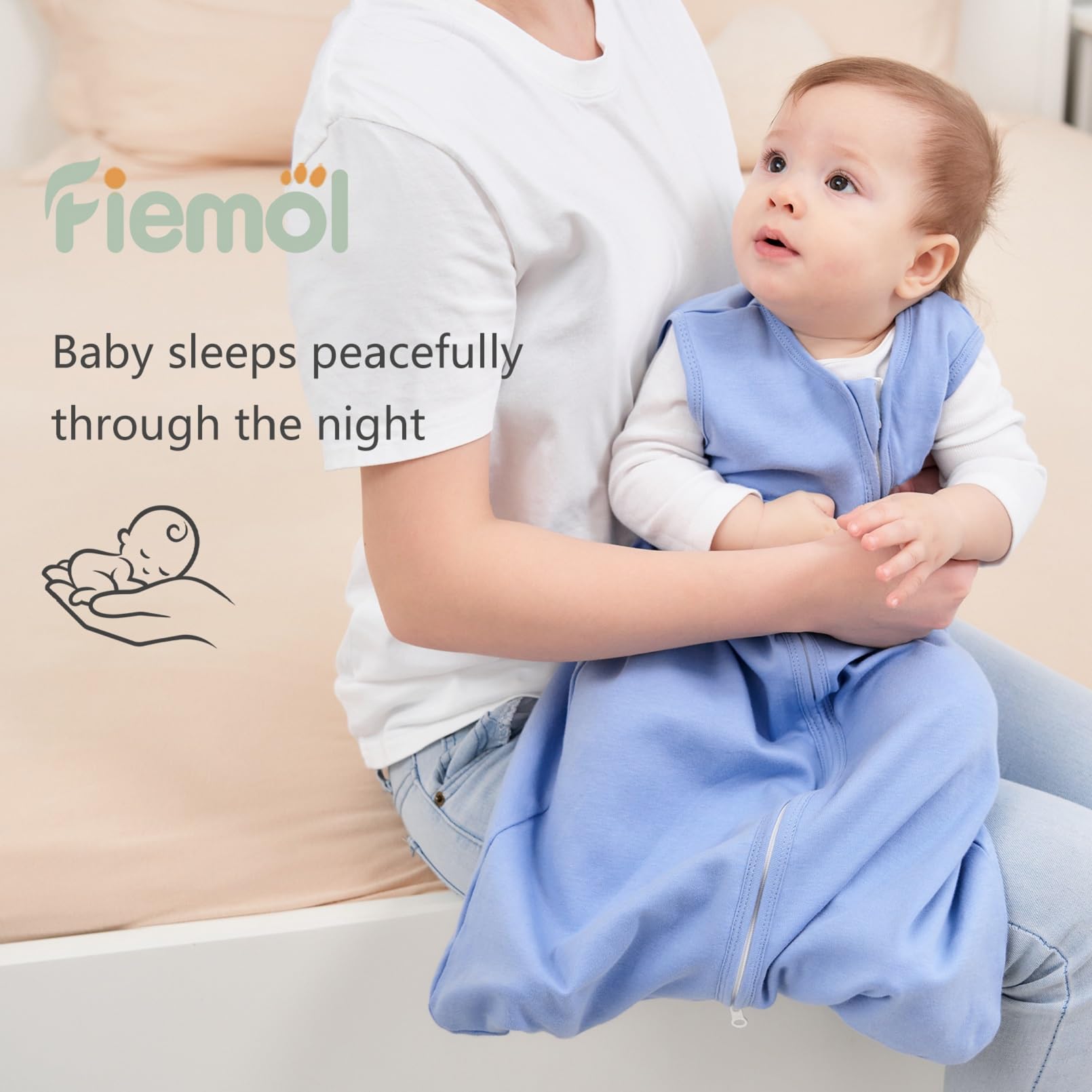 FIEMOL Baby Sleep Sack apricot size-range graphic conveys growth-ready options from 0 to 24 months.