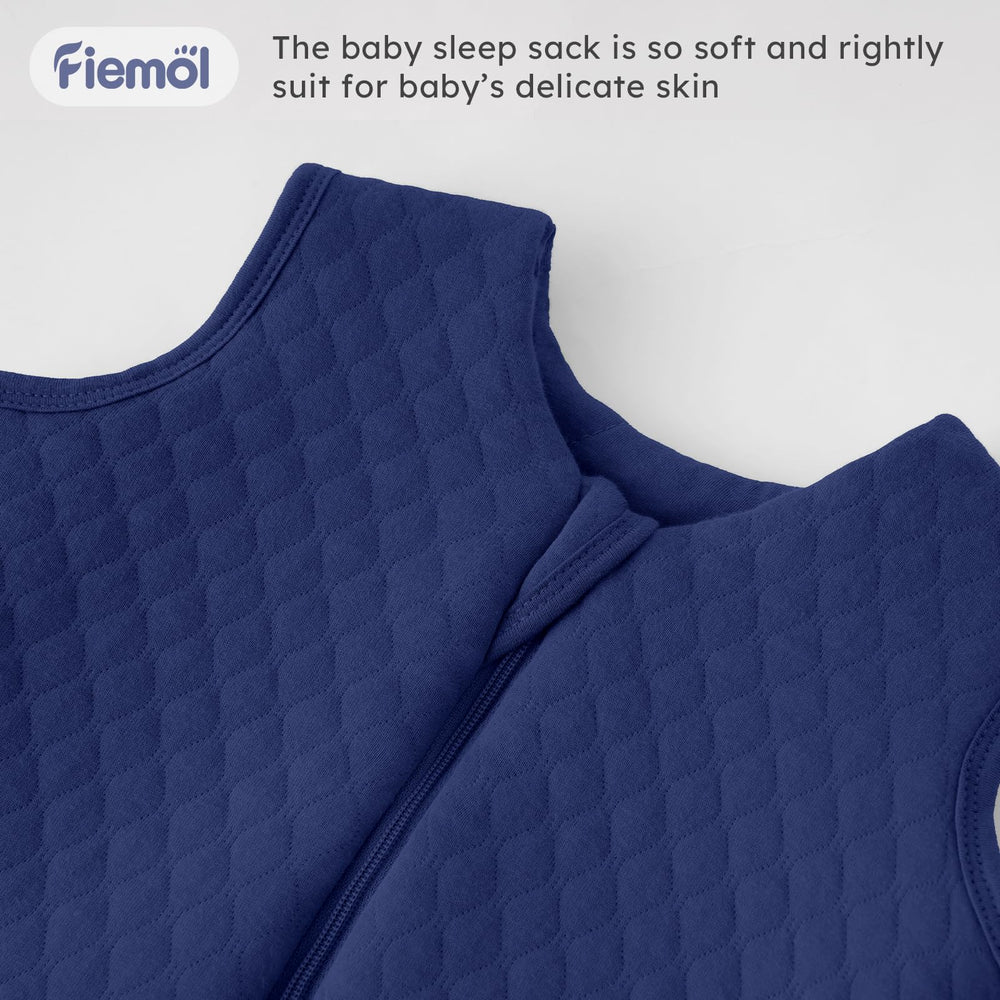 FIEMOL blue sleep sack in packaging emphasizes cozy baby bedtime warmth.