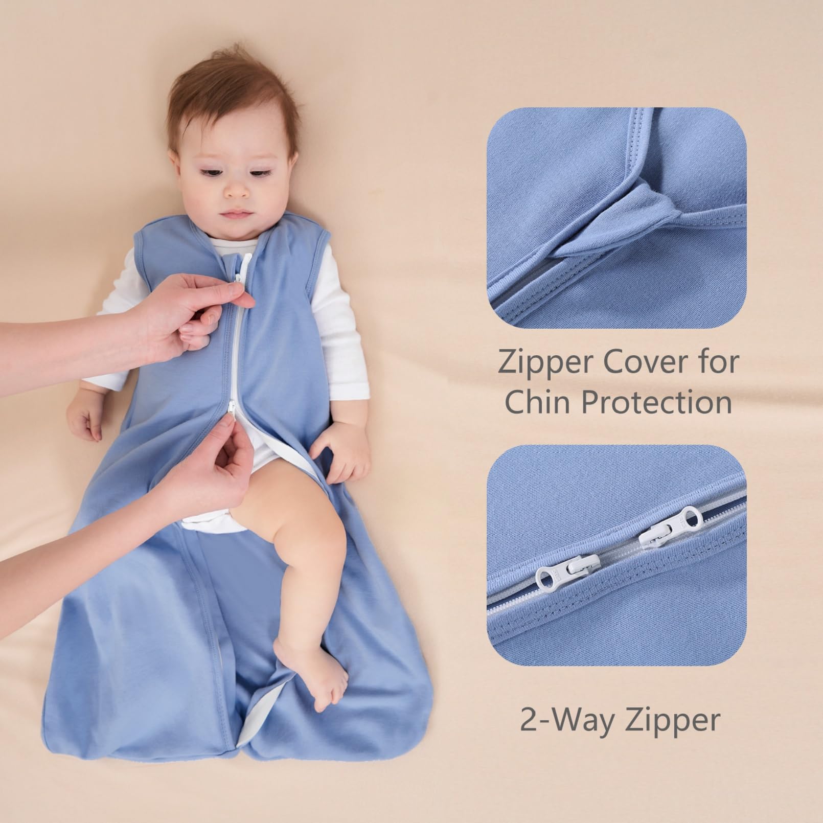 FIEMOL sleep sack with double zipper enables easy diaper changes