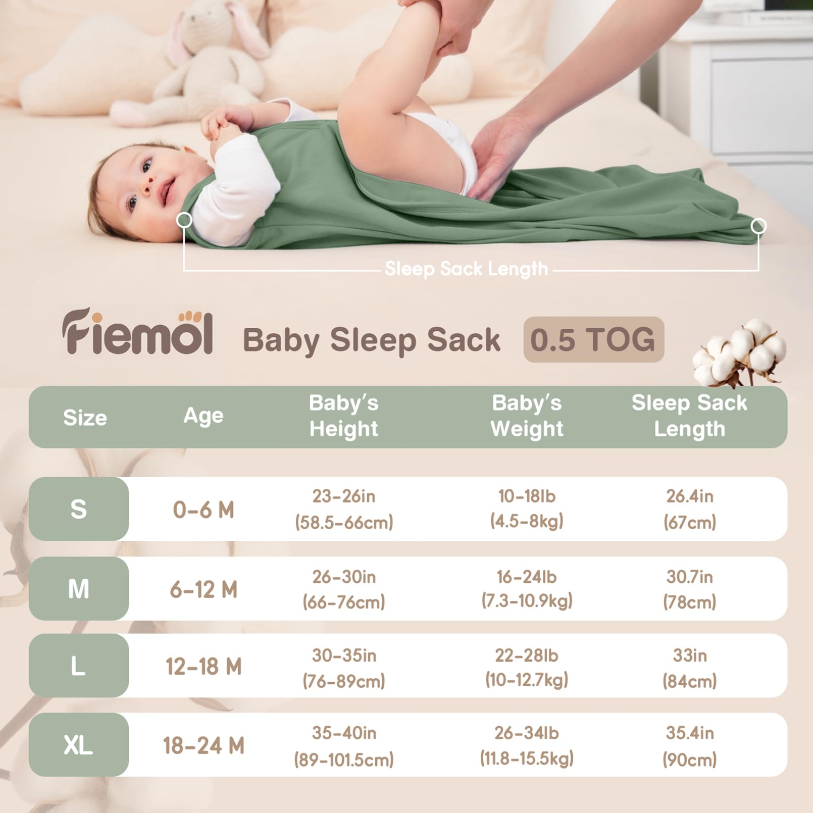FIEMOL sleep sack cyan close look at premium cotton weave.