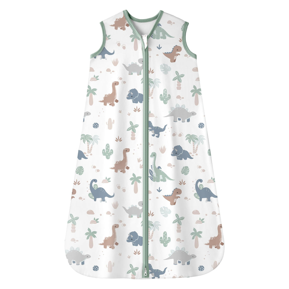 FIEMOL baby sleep sack with dinosaur-design front view—soft cotton for gentle warmth.