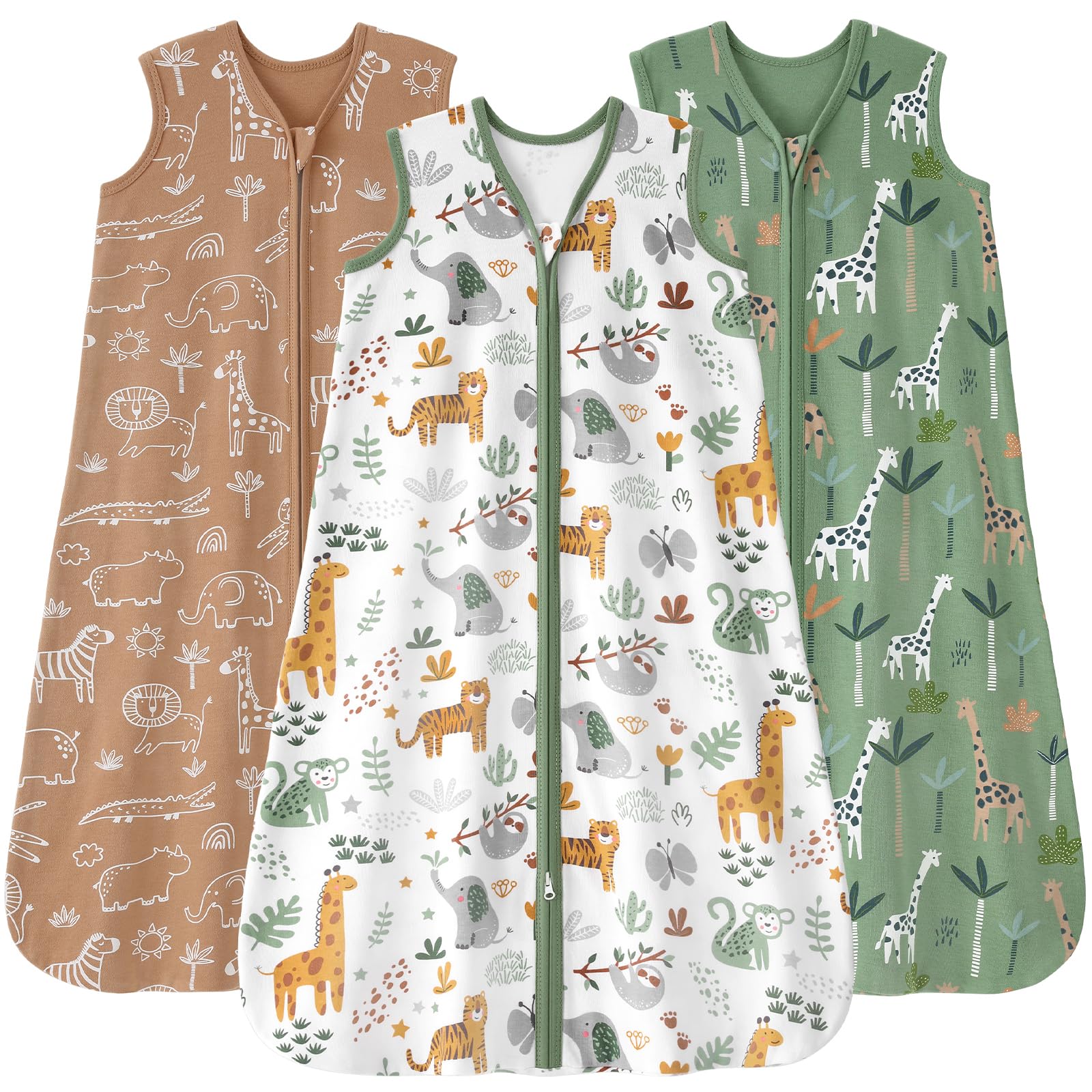 FIEMOL baby sleep sack front view green giraffe prints for breathable cotton comfort