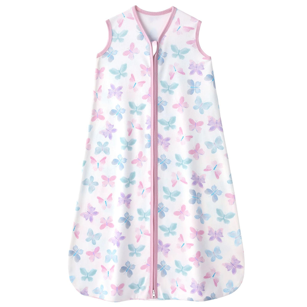 FIEMOL baby sleep sack front view in butterfly design showing breathable 100 percent cotton fabric