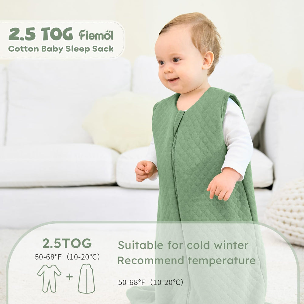 FIEMOL Baby Sleep Sack Green back view showing cozy insulation with 2.5 TOG warmth