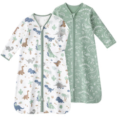 FIEMOL baby sleep sack green dinosaur fabric close-up, breathable cotton for delicate skin.