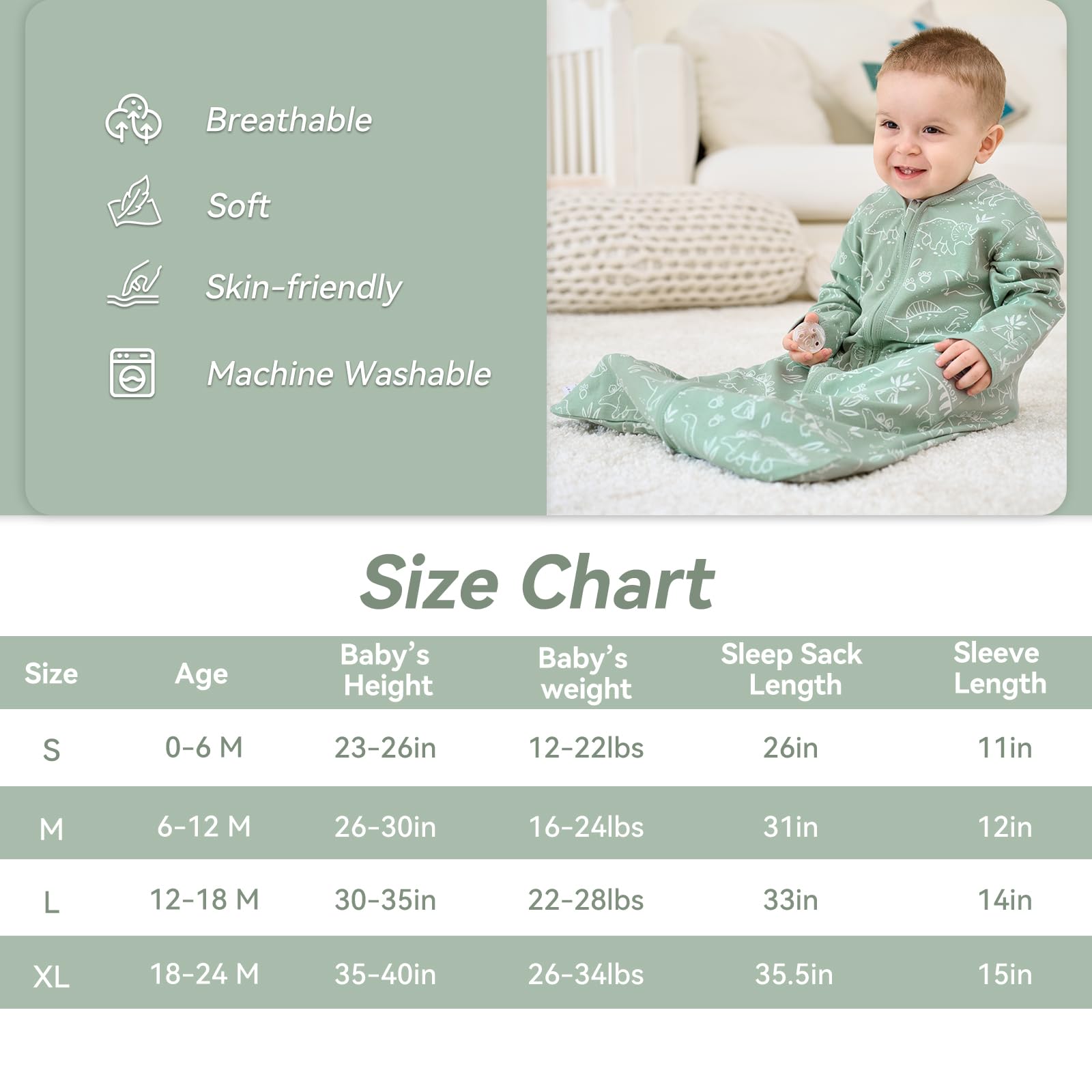FIEMOL sleep sack green dinosaur print enhances visual engagement during rest.