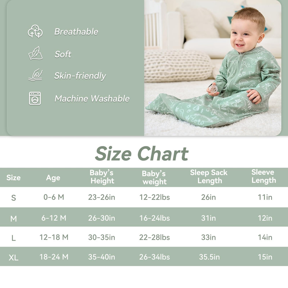 FIEMOL sleep sack green dinosaur print enhances visual engagement during rest.