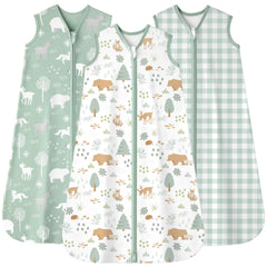 FIEMOL baby sleep sack in green forest bear fabric highlights breathable 100% cotton comfort.