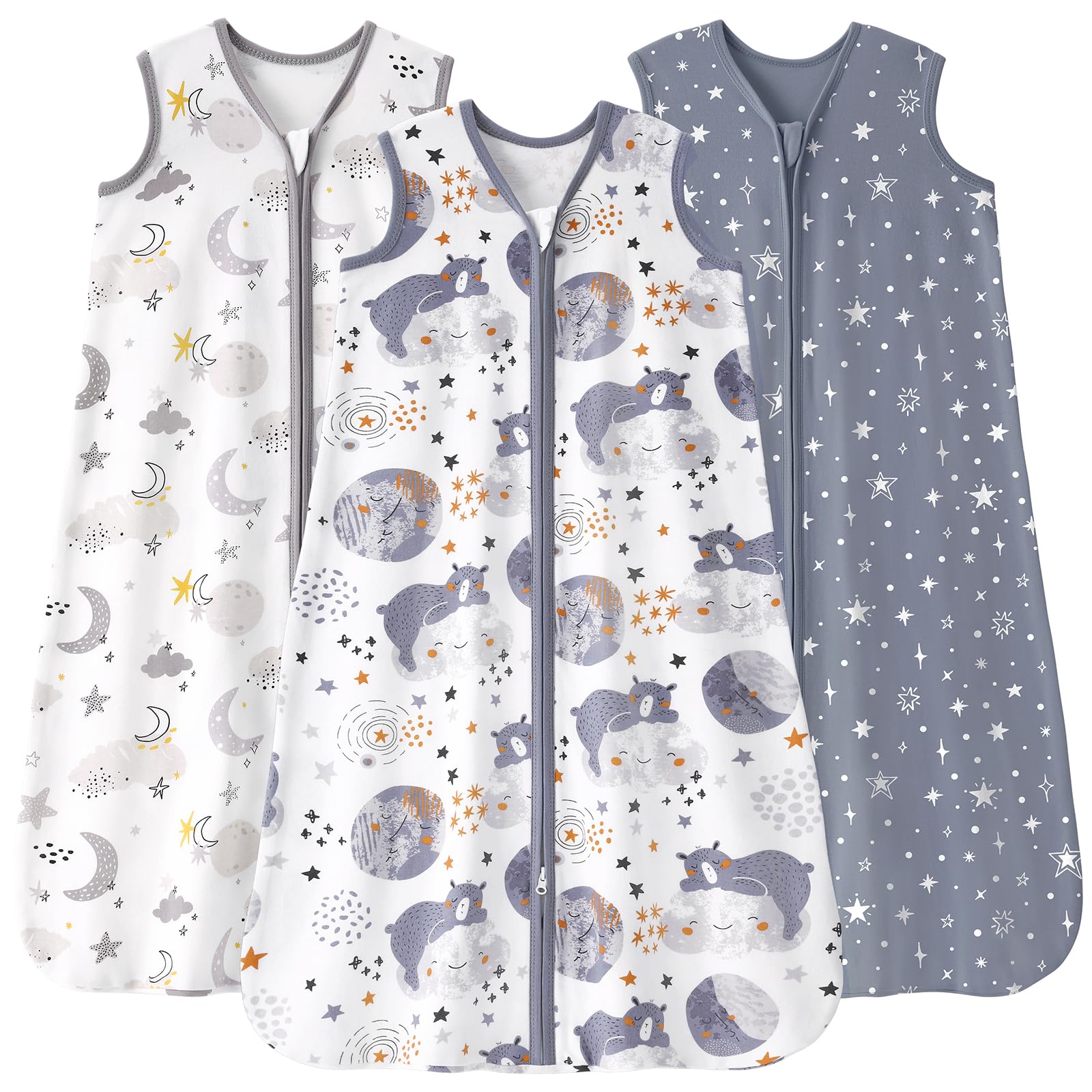 FIEMOL baby sleep sack grey moon bear close-up shows soft breathable cotton.