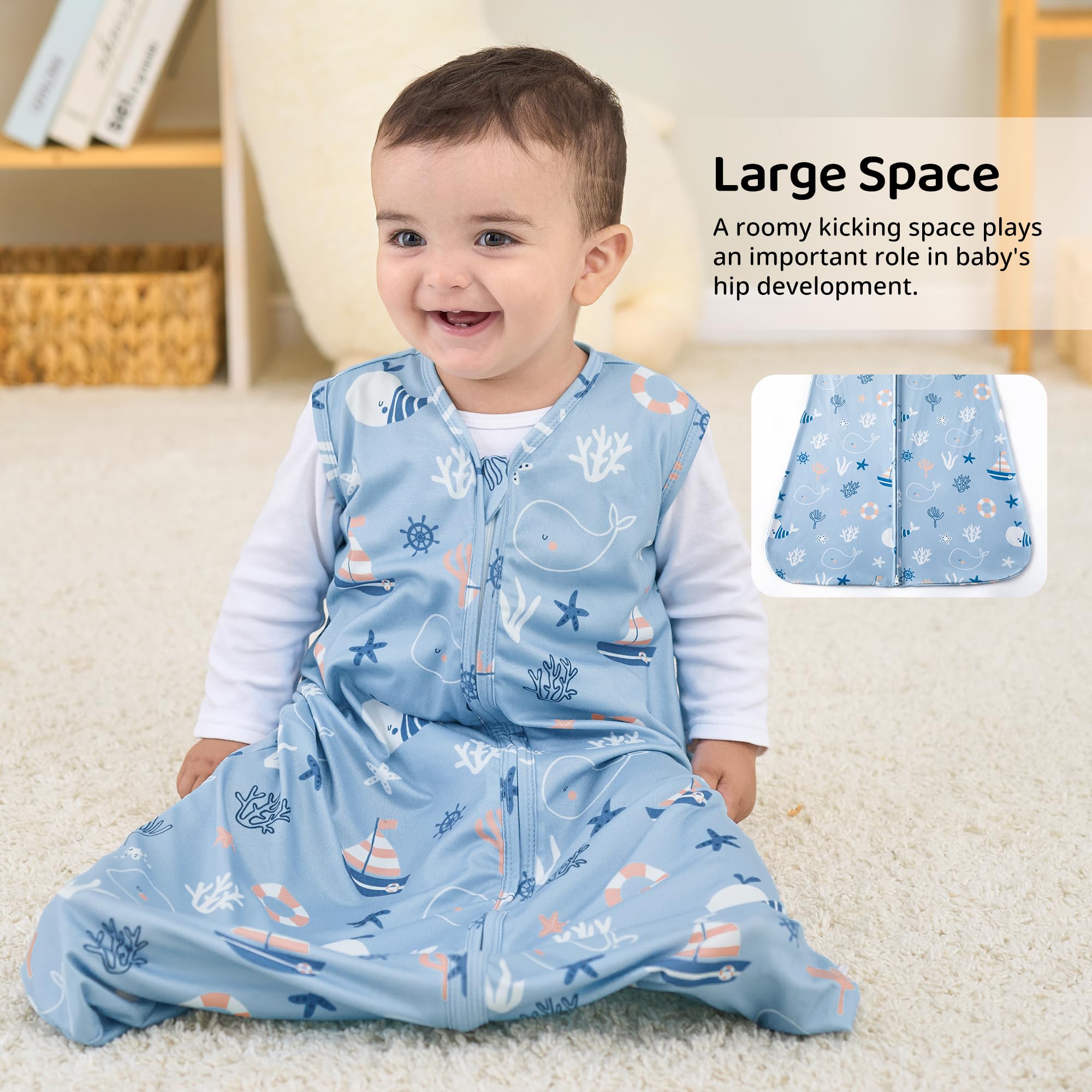 FIEMOL sleep sack in blue whale design, machine washable for easy care.