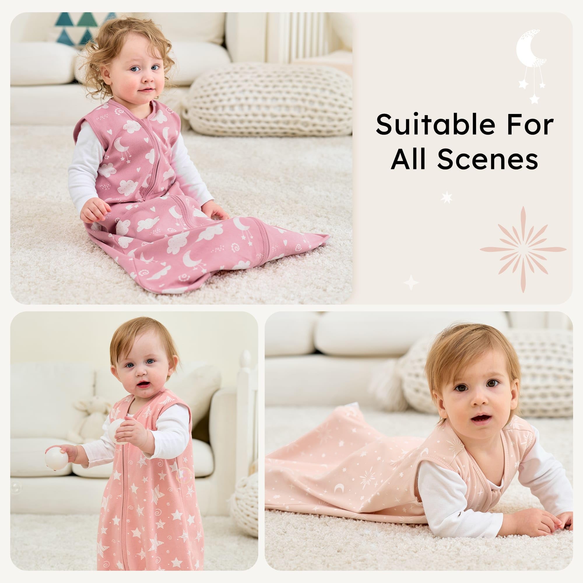 FIEMOL 3-pack pink stars sleep sacks for versatile daily wear.