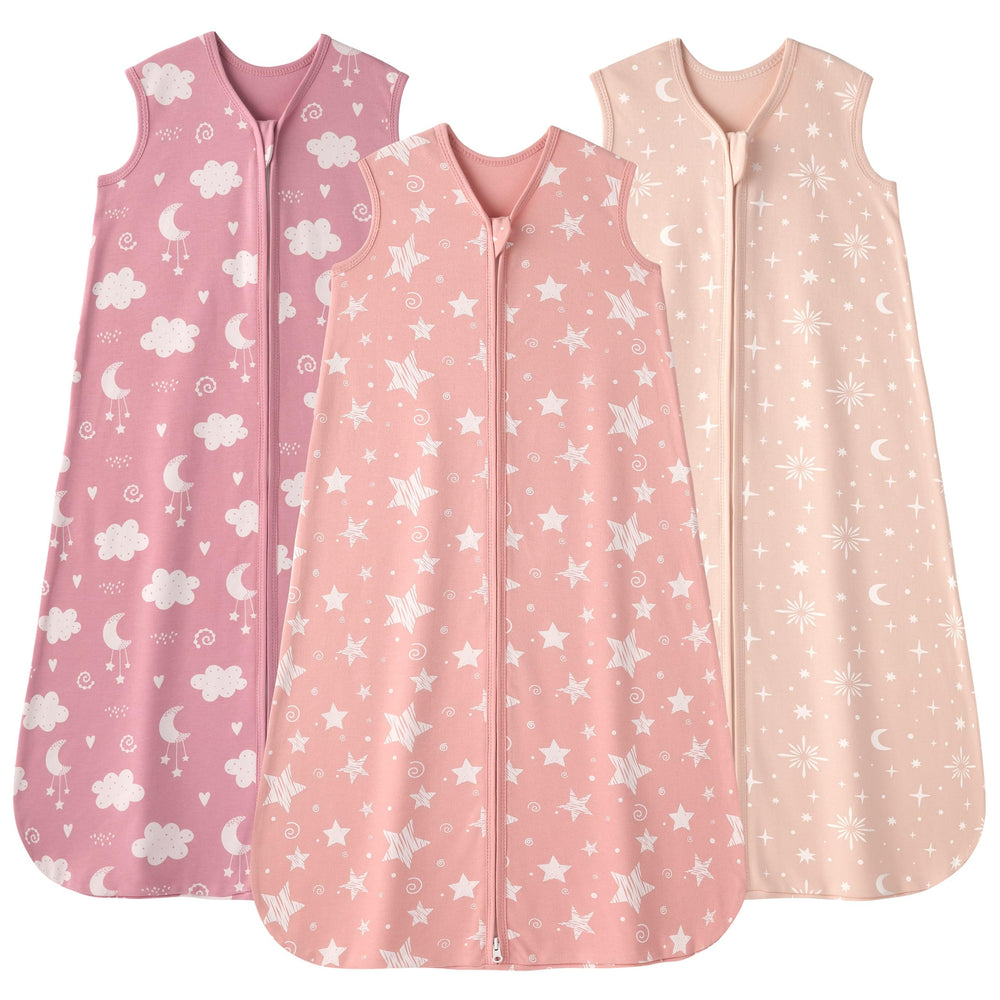 FIEMOL baby sleep sack pink stars front view shows breathable cotton.