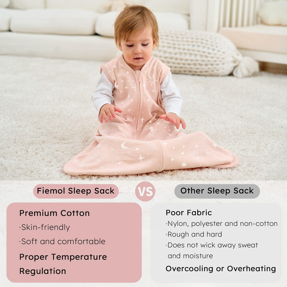 FIEMOL pink stars sleep sack offers generous kicking room for movement.