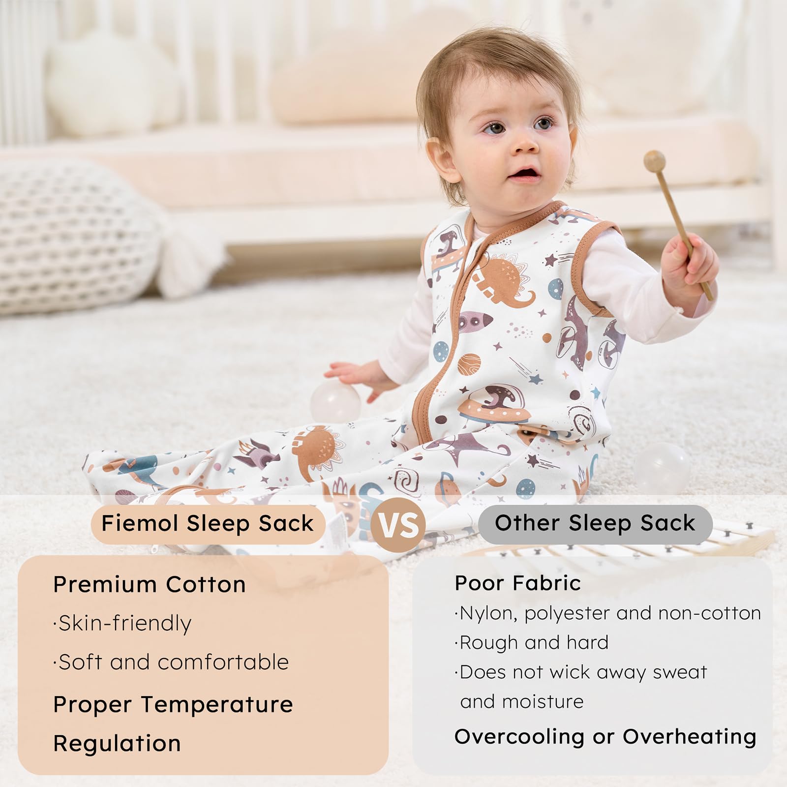 FIEMOL sleep sack roomy interior supports kicking and movement