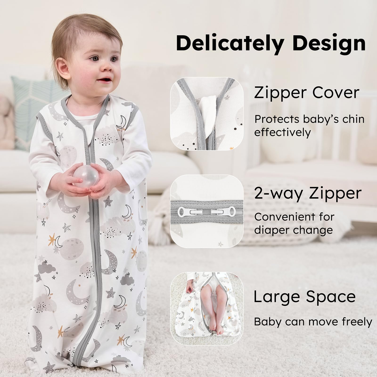 FIEMOL baby sleep sack side view; roomy interior supports kicking and movement.
