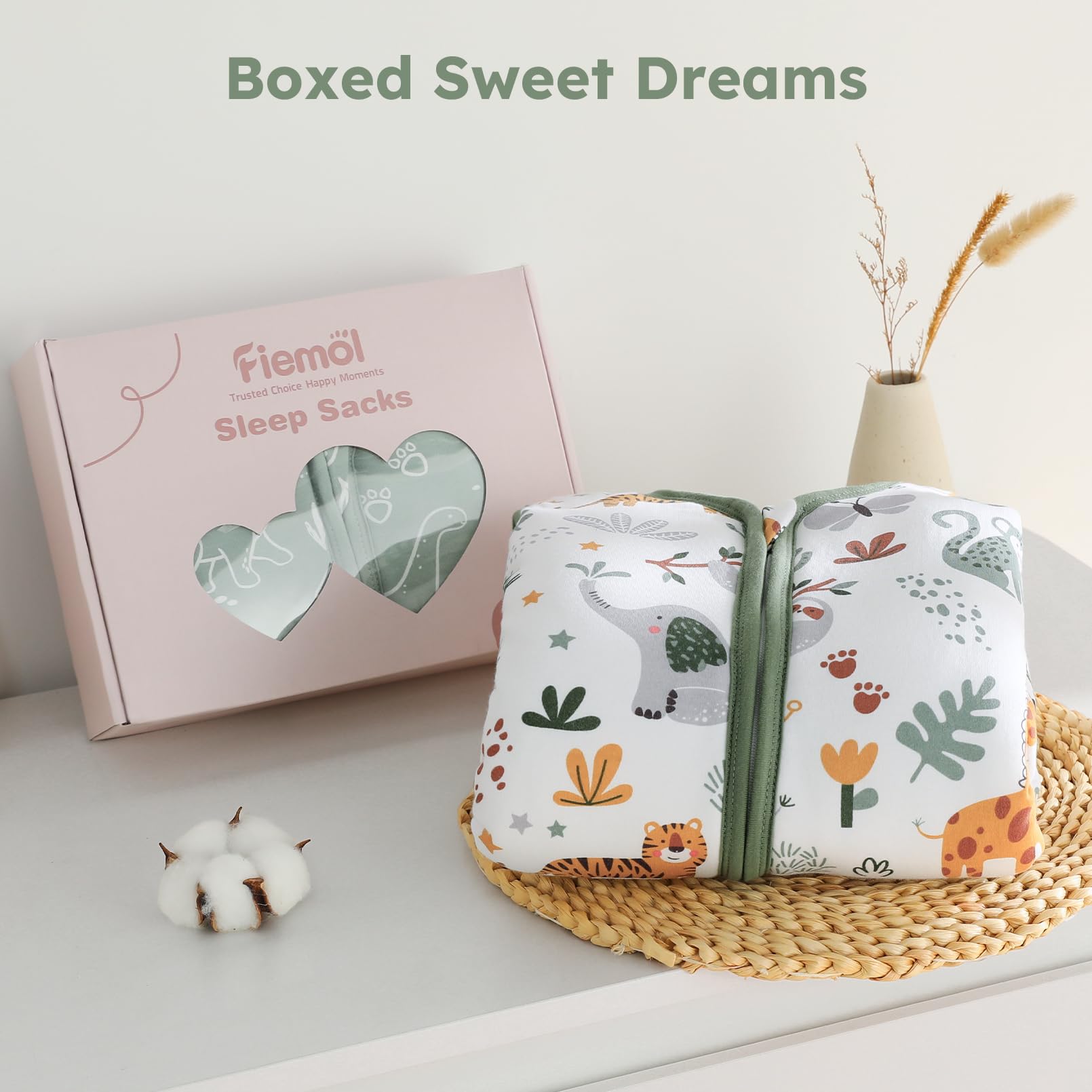 FIEMOL baby sleep sack size chart shows four sizes for growing babies