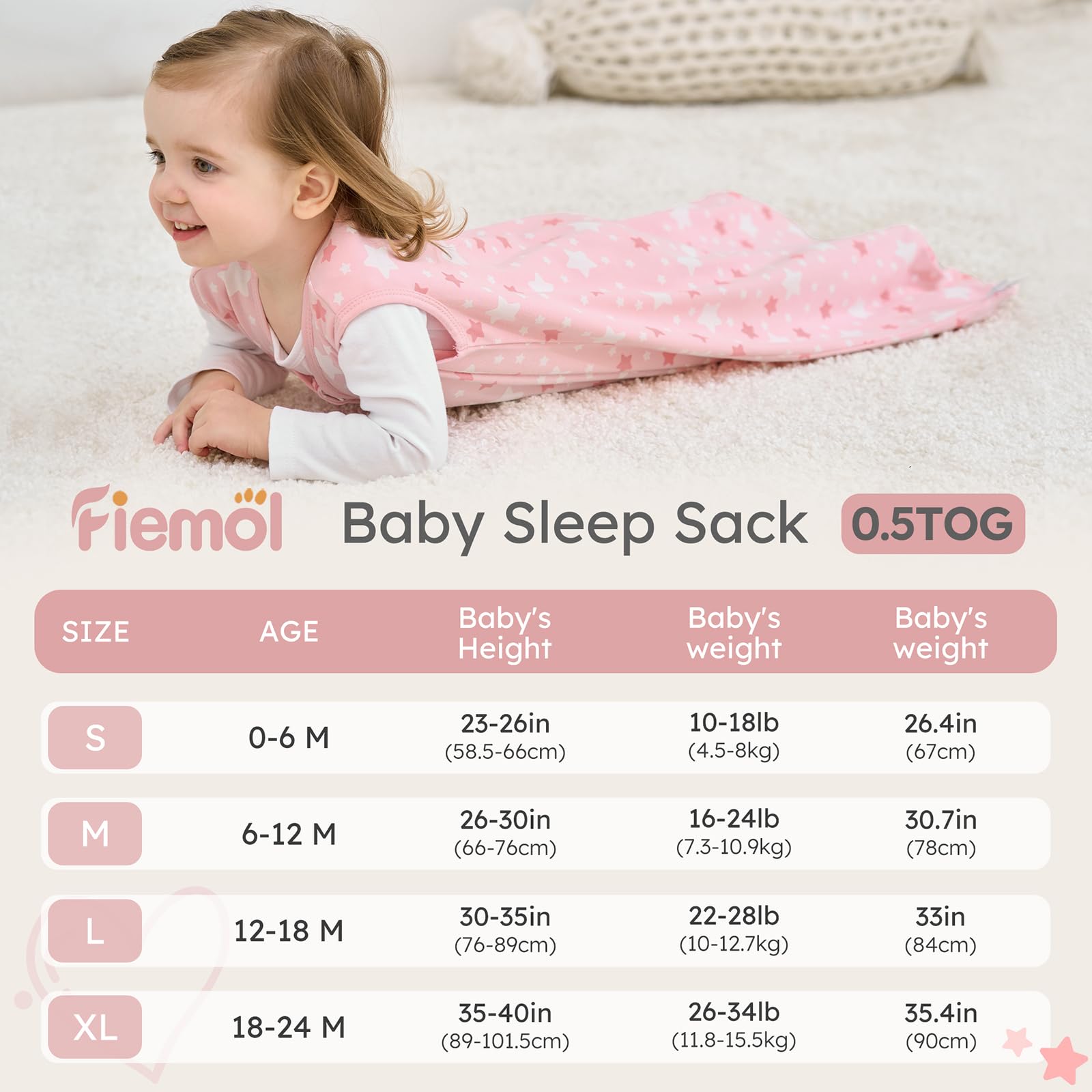 FIEMOL sleep sack size chart visual shows four growth ranges for growing babies.
