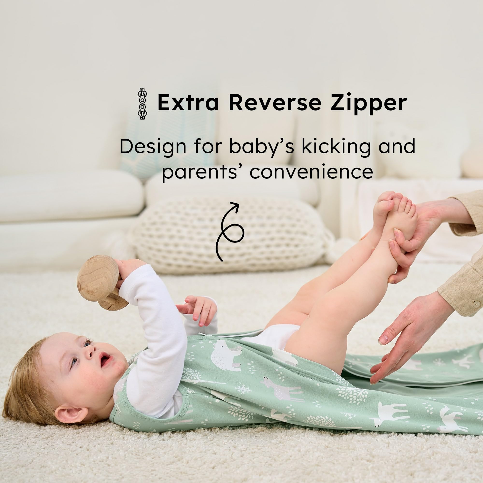 FIEMOL sleep sack size range graphic demonstrates growing baby compatibility.