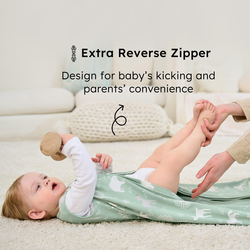FIEMOL sleep sack size range graphic demonstrates growing baby compatibility.